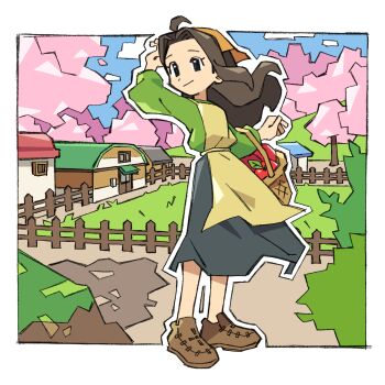 Rule 34 | 1girl, ahoge, apple, apron, arm behind head, bandana, basket, black skirt, bokujou monogatari, border, breasts, brown hair, brown shoes, cherry blossoms, closed mouth, commentary, farm, fence, food, fruit, fruit basket, full body, green sweater, highres, holding, holding basket, long hair, long sleeves, medium breasts, orange bandana, parted bangs, picket fence, sepiria (bokujou monogatari), shoes, sidelocks, skirt, smile, solo, starrymarii, sweater, white border, wind, wooden fence, yellow apron