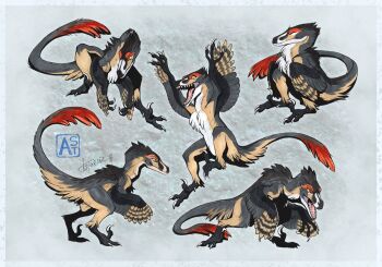 animal_focus artist_name astarcis claws closed_mouth dinosaur dynamic_pose fangs feathered_dinosaur feathers full_body multiple_views no_humans open_mouth original raptor reference_sheet sharp_teeth simple_background tail teeth utahraptor velociraptor watermark