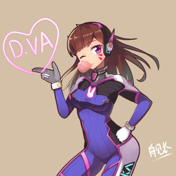 1girl azusaec blowing_bubble_gum blowing_bubbles bodysuit breasts brown_hair chewing_gum d.va_(overwatch) facial_mark hand_on_own_hip headphones heart highres long_hair looking_at_viewer medium_breasts one_eye_closed overwatch purple_eyes skin_tight smile solo whisker_markings