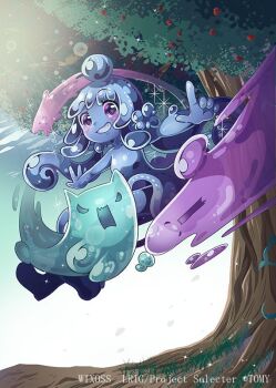 1girl blue_skin blush character_request closed_mouth cloud colored_skin copyright_notice kei_s01 looking_at_viewer monster_girl official_art outdoors sky slime_(creature) slime_girl slime_hair smile solo tree wixoss