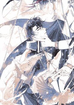 2boys bird black_coat black_hair chain coat demon_horns dove epaulettes frills hand_on_another&#039;s_face highres holding_hands horns kim_dokja looking_at_another male_focus multiple_boys omniscient_reader&#039;s_viewpoint open_clothes open_coat parted_lips popped_collar ricardo_von_kaizenix scar scar_across_eye scar_on_face schweichen_von_kaizenix short_hair too_many too_many_birds twle white_coat yoo_joonghyuk