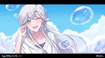 1girl ;d blue_eyes blue_sky blush bubble collarbone commentary hand_up happy_birthday hashtag-only_commentary highres iris_wen komitaki long_hair love_curse:_find_your_soulmate one_eye_closed open_mouth pale_skin sky smile solo symbol-only_commentary twitter_username upper_body white_hair