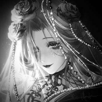 Rule 34 | 1girl, blush, bridal veil, chinese commentary, commentary request, curtained hair, diffraction spikes, eyeliner, facial mark, flower, forehead, glitter makeup, gradient background, graves (path to nowhere), greyscale, hair flower, hair ornament, hair over one eye, half updo, heibai bangbing, highres, light particles, lipstick, looking at viewer, makeup, monochrome, parted bangs, path to nowhere, pearl hair ornament, portrait, rose, signature, simple background, smile, solo, teardrop facial mark, veil