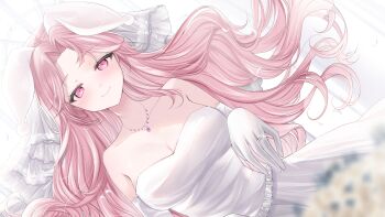 1girl blurry blurry_foreground breasts bridal_veil character_request cleavage closed_mouth commentary_request commission copyright_request curtained_hair depth_of_field dress dutch_angle elbow_gloves forehead glint gloves highres jewelry kurage_cc large_breasts long_hair looking_at_viewer necklace pink_eyes pink_hair pov skeb_commission smile solo strapless strapless_dress veil virtual_youtuber wedding wedding_dress white_dress white_gloves