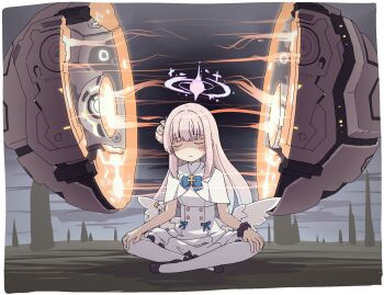 Rule 34 | 1girl, akaino (akaomi), angel wings, black footwear, black scrunchie, blue archive, capelet, chesed (blue archive), closed eyes, closed mouth, frilled ribbon, frills, hair bun, halo, hands on own knees, highres, indian style, long hair, low wings, mika (blue archive), pantyhose, pink hair, pink halo, ribbon, scrunchie, single side bun, sitting, white capelet, white pantyhose, white wings, wing ornament, wings, wrist scrunchie