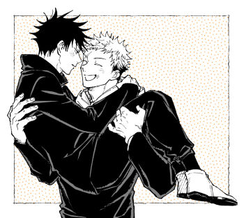 Rule 34 | 2boys, blush, border, carrying, carrying person, closed eyes, closed mouth, commentary request, dotted background, full body, fushiguro megumi, greyscale, happy, hood, hood down, hooded jacket, itadori yuuji, jacket, jj59u, jujutsu kaisen, jujutsu tech uniform, looking at another, male focus, monochrome, multiple boys, outside border, shoes, short hair, simple background, smile, spiked hair, white border, yaoi