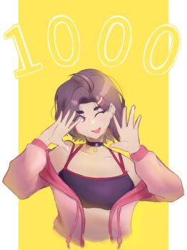 ayana_spector black_choker bra brown_hair celebration choker ghost ghost_girl hands_up indie_virtual_youtuber jacket jewelry necklace one_eye_closed pink_eyes pink_hair pink_jacket purple_bra purple_tank_top purple_top sisimaru star_(symbol) star_necklace tank_top tilted_head tongue tongue_out torso underwear upper_body virtual_youtuber wink