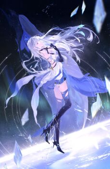 1girl aurora black_shoes blurry blurry_foreground breasts closed_mouth colored_extremities commentary detached_sleeves dousha0101 dress fish floating_hair from_side full_body genshin_impact glass_shards hands_on_own_chest hashtag-only_commentary high_heels highres long_hair looking_ahead medium_breasts prosthesis prosthetic_arm prosthetic_leg purple_eyes ripples shoes simple_fish skirk_(genshin_impact) sky sleeveless sleeveless_dress solo standing standing_on_liquid star_(sky) starry_sky very_long_hair water white_dress white_hair