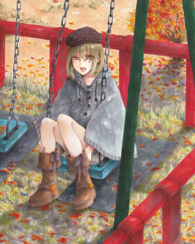1boy absurdres autumn blonde_hair boots chain commentary_request flat_cap hat highres kinako_kinako7 lace leaf male_focus marker_(medium) original outdoors poncho sitting solo swing_set traditional_media trap