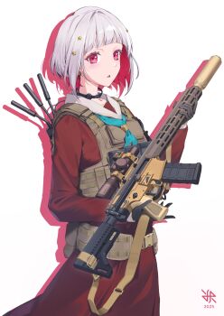 1girl 2025 :o aqua_neckerchief artist_logo assault_rifle black_choker black_gloves blue_neckerchief choker commentary dress drop_shadow fn_licc_iws gloves grey_sailor_collar gun hair_ornament hasu_no_sora_school_uniform highres hiroki_ree holding holding_gun holding_weapon link!_like!_love_live! load_bearing_vest logo long_sleeves looking_at_viewer love_live! neckerchief open_mouth pink_eyes red_dress rifle sailor_collar sailor_dress school_uniform short_hair simple_background solo star_(symbol) star_hair_ornament weapon white_background white_hair white_sailor_collar winter_uniform yugiri_tsuzuri