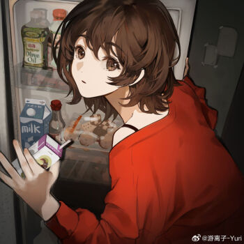 1girl bottle bra_strap brown_eyes brown_hair checkerboard_cookie chinese_commentary commentary_request cookie dot_nose drink drink_carton drinking_straw expressionless eyelashes food highres holding holding_bottle holding_drink index_finger_raised juice_box leaning_forward long_sleeves milk_carton night olive_oil open_mouth opening_door original paper red_shirt refrigerator shirt short_hair single_bare_shoulder sky solo tape tareme upper_body watermark weibo_watermark youlizi-yuri