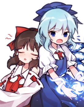 Rule 34 | 2girls, ascot, blue bow, blue dress, blue eyes, blue hair, blush, bow, cirno, cirno day, collared shirt, commentary request, detached sleeves, dress, hair bow, hair tubes, hakurei reimu, highres, ice, ice wings, magic, multiple girls, neck ribbon, pinafore dress, puffy short sleeves, puffy sleeves, red ascot, red bow, red ribbon, ribbon, ribbon trim, shirt, short hair, short sleeves, sleeveless, sleeveless dress, soooooook2, sweat, touhou, white shirt, white sleeves, wings