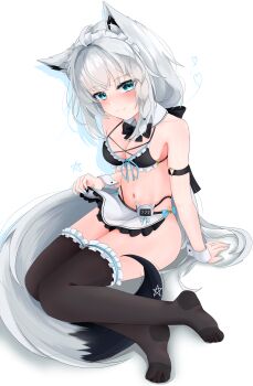 Rule 34 | 1girl, absurdres, ahoge, animal ear fluff, animal ears, apron, apron lift, arm strap, bikini, black bikini, black bow, black bowtie, black thighhighs, blush, bow, bowtie, braid, breasts, cleavage, clothes lift, commentary request, detached collar, fang, feet, fox ears, fox girl, fox tail, green eyes, hair between eyes, hair bow, heart, highres, hololive, long hair, looking at viewer, maid, maid apron, maid bikini, maid headdress, name tag, navel, pentagram, shirakami fubuki, sidelocks, simple background, single braid, sitting, skin fang, small breasts, smile, solo, st-147, swimsuit, tail, thighhighs, toes, toes visible through clothing, unconventional maid, virtual youtuber, white background, white hair, wrist cuffs