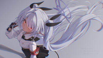 1girl black_gloves black_necktie black_skirt blue_archive closed_mouth commentary_request dark-skinned_female dark_skin gloves hand_in_own_hair highres iori_(blue_archive) kimagurain long_hair long_sleeves looking_at_viewer necktie pointy_ears shirt skirt solo twintails white_shirt