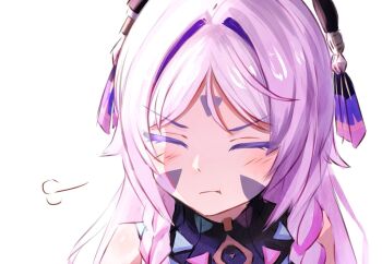 1girl bare_shoulders braid citlali_(genshin_impact) closed_eyes closed_mouth commentary_request facial_mark facing_viewer forehead_mark genshin_impact hair_ornament highres long_hair pink_hair portrait pout puff_of_air simple_background solo triangle triangle_facial_mark twin_braids white_background yoi_(a27963244)