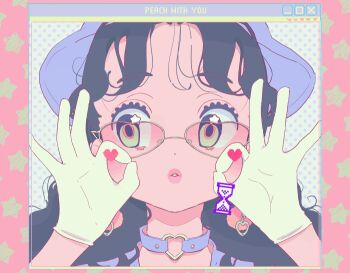 1girl animated animated_gif black_hair blinking choker commentary earrings gloves green_eyes heart heart-shaped_eyewear jewelry o-ring o-ring_choker original pink_lips portrait smile solo star_(symbol) star_in_eye symbol_in_eye vivinos window_(computing) yellow_gloves