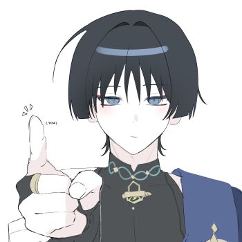 1boy black_bodysuit black_bridal_gauntlets black_hair blue_cape blunt_ends bodysuit bridal_gauntlets cape closed_mouth commentary_request covered_collarbone eyeliner eyeshadow fingernails genshin_impact gold_ring grey_eyes hair_intakes hand_up highres index_finger_raised korean_commentary looking_at_viewer makeup male_focus mandarin_collar middle_ring pointing pointing_at_viewer portrait red_eyeliner red_eyeshadow scaramouche_(genshin_impact) shoulder_peek skalamushu solo straight-on tsurime wanderer_(genshin_impact) white_background wispy_bangs