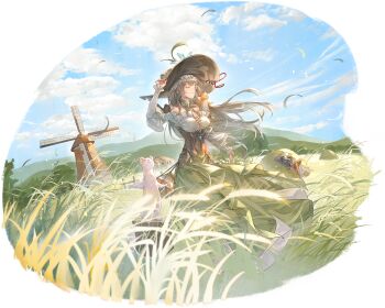 2girls absurdres border closed_eyes corset cross cross-laced_clothes cross-laced_top ermine estra_(sword_of_convallaria) fading_border field flavia_(sword_of_convallaria) game_cg green_skirt grey_hair halterneck hand_on_headwear hat highres jug_(bottle) long_hair multiple_girls non-web_source official_art skirt solo_focus squirrel sword_of_convallaria transparent_border tree_stump weasel windmill witch_hat