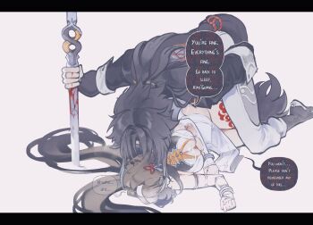 1boy 1girl animal_ears black_hair blood breasts brown_hair chinese_clothes commentary cum cum_on_body cum_on_breasts cum_on_upper_body defeat droopy_ears english_commentary hairband hetero highres imminent_rape incest long_hair medium_breasts nyantcha speech_bubble sword tail weapon ye_shiyuan ye_shunguang zenless_zone_zero