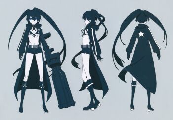absurdres arm_cannon belt bikini bikini_top_only black_coat black_hair black_rock_shooter black_rock_shooter_(character) black_shorts blue_eyes boots coat flat_chest front-tie_top highres hood hooded_coat long_hair matsuo_yuusuke no_shirt official_art open_clothes open_coat pale_skin production_art reference_sheet rock_cannon scar shorts star_(symbol) swimsuit twintails uneven_twintails weapon