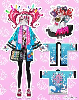 Rule 34 | 1girl, ahoge, animal hands, bag, black pants, blue happi, copyright name, copyright notice, diamond-shaped pupils, diamond (gemstone), diamond (shape), diamond ring, gloves, glowstick, hair ornament, handbag, headband, heterochromia, highres, hololive, hololive indonesia, jacket, kureiji ollie, kureiji ollie (holo-wota happi), lam (ramdayo), maid, multicolored hair, official alternate costume, official alternate hairstyle, official art, ornate ring, pants, paw gloves, penlight (glowstick), pink scarf, red footwear, red hair, scarf, stitched face, stitches, streaked hair, stuffed toy, symbol-shaped pupils, twintails, udin (kureiji ollie), virtual youtuber, white headband, x-shaped pupils, yagoo, zombie