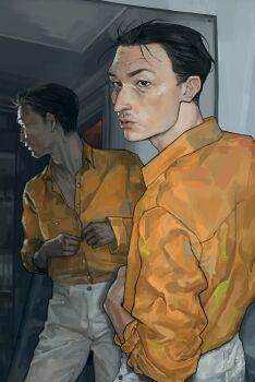 Rule 34 | 1boy, absurdres, aegyo sal, black hair, buttoning, collared shirt, commentary, cowboy shot, disco elysium, english commentary, expressionless, facial hair, hair slicked back, highres, indoors, kim kitsuragi, kozmoraven1610, looking at viewer, looking back, male focus, mirror, mustache stubble, no eyewear, orange shirt, partially open shirt, reflection, shirt, shirt tucked in, short hair, solo, standing, stubble, variant set