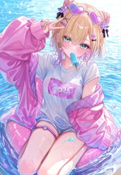1girl black_bow black_ribbon blonde_hair blush bow breasts character_name collarbone cone_hair_bun day double_bun earrings fingernails flower food food_on_body food_on_legs green_eyes hair_between_eyes hair_bow hair_bun hair_flower hair_ornament hairclip head_tilt heart heart-shaped_eyewear heart_earrings heart_hair_ornament heart_necklace heart_o-ring highres holding holding_food holding_popsicle innertube jacket jewelry kurumi_noah long_sleeves looking_at_viewer medium_hair mouth_hold multicolored_hair nail_polish necklace o-ring o-ring_thigh_strap ocean open_clothes open_jacket outdoors pink-tinted_eyewear pink_hair pink_jacket popsicle purple_flower purple_nails ribbon sa-ya2 shirt sleeves_past_wrists solo sweat swim_ring t-shirt thigh_strap thighs tinted_eyewear two-tone_hair v virtual_youtuber vspo! water white-framed_eyewear white_shirt