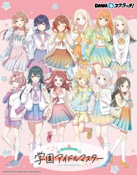 6+girls arimura_mao black_hair blonde_hair blue_hair boots bow braid brown_hair buttons candy center_frills collar colored_eyelashes english_text food frilled_collar frilled_skirt frills fujita_kotone gakuen_idolmaster green_eyes green_hair grey_eyes grin hair_ornament hairclip hanami_saki hanami_ume hand_in_pocket hat hataya_misuzu heart heart_hands high_heel_boots high_heels himesaki_rinami idolmaster jacket japanese_text juo_sena katsuragi_lilja kuramoto_china lollipop low_twin_braids multicolored_hair multiple_girls navel official_art one_eye_closed open_mouth orange_eyes pink_hair promotional_art purple_hair red_hair sailor_collar shinosawa_hiro shiun_sumika skirt smile star_(symbol) tsukimura_temari twin_braids twintails white_hair