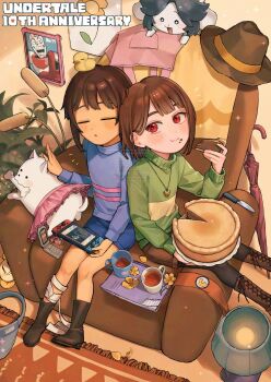 3others ake_blood animal animal_ears animal_nose animal_on_head anniversary annoying_dog apron bandaged_leg bandages beak bird bird_on_head bird_wings black_pantyhose blue_shorts blue_sweater blue_visor blush bone book boots brown_boots brown_hair brown_hat cake cake_slice carpet cellphone chair chara_(undertale) character_charm charm_(object) closed_eyes closed_mouth colored_skin commentary_request copyright_name cup dog dog_ears dog_tail drawing_(object) duck eating english_text flip_phone flower flowey_(undertale) food food_on_face frills frisk_(undertale) full_body green_sweater grey_hair hand_up handheld_game_console happy_anniversary hat heart heart_necklace highres holding holding_cake holding_food holding_handheld_game_console holding_plate indoors jewelry knife lamp long_sleeves looking_at_another looking_at_viewer mad_mew_mew mettaton multiple_others necklace nintendo_switch on_chair on_head open_mouth pantyhose papyrus_(undertale) petals petting phone photo_(object) pink_apron pink_skirt plant plate playing_games pocket puffy_long_sleeves puffy_sleeves red_eyes shadow short_hair shorts single_stripe sitting skirt sparkle striped_clothes striped_sweater sweater tail tea teacup temmie turtleneck turtleneck_sweater umbrella undertale unworn_hat unworn_headwear utdr_(toby_fox) visor_cap white_fur wings yellow_flower yellow_skin