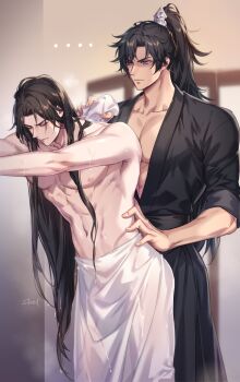 ... 2boys abs absurdres adam's_apple bare_pectorals bent_over black_hair black_hanfu black_sash brown_hair chinese_clothes chu_wanning closed_eyes closed_mouth collarbone cowboy_shot erha_he_ta_de_bai_mao_shizun furrowed_brow hair_down hand_on_another's_waist hanfu high_ponytail highres holding holding_towel indoors korean_commentary long_hair looking_at_another male_focus mo_ran multiple_boys naked_towel nipples open_clothes partially_shaded_face pectoral_cleavage pectorals ponytail purple_eyes sash standing toned toned_male topless_male towel washing_another wet wet_hair wet_towel xiao_guan_(headdress) yaoi zehel_az