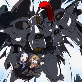 Rule 34 | 2girls, black hair, blonde hair, brown eyes, carrying, chibi, coat, coppelion, crossover, grin, gundam, gundam wing, m o (prftz), mecha, multiple girls, open mouth, ozu kanon, ozu shion, pointing, purple eyes, robot, scarf, shirt, short sleeves, smile, tallgeese, white shirt