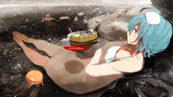 1girl a&amp;w ahoge barefoot blue_hair bucket cirno cup female_focus frog hinanawi_tenshi japanese_macaque monkey naked_towel onsen partially_submerged red_eyes sakazuki short_hair siirakannu smile solo touhou towel towel_on_head wooden_bucket