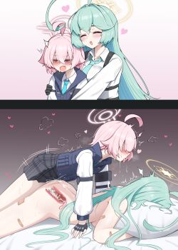 1futa 1girl absurdres antenna_hair aqua_hair arched_back blue_archive censored closed_eyes cum cum_on_ass cum_on_body face_down femdom futa_with_female futanari hair_spread_out halo height_difference heterochromia highres hoshino_(blue_archive) hoshino_(first_year)_(blue_archive) hoshino_(young)_(blue_archive) hug korean_text lolidom lying mosaic_censoring open_mouth penis pink_hair prone_bone rank_alee sex sex_from_behind shirt textless_version tongue tongue_out vaginal white_shirt yume_(blue_archive)