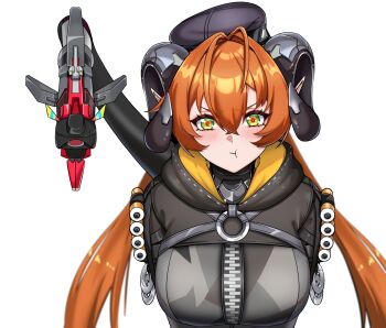 2girls black_hat black_shrug blush breasts goat_horns green_eyes hat highres horns large_breasts lion_space looking_at_viewer magus_(zenless_zone_zero) multiple_girls orange_hair orphie_magnusson pout shrug_(clothing) tail twintails upper_body zenless_zone_zero