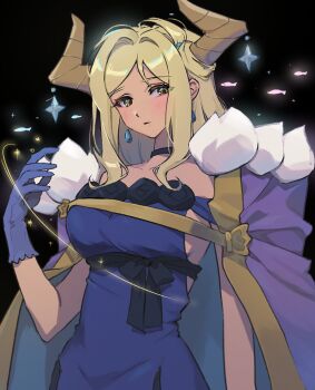 1girl black_background blonde_hair blue_dress blue_gloves blush breasts cape commentary_request demon_horns dress earrings empty_(neyo) genjitsu_no_yohane gloves green_eyes hand_up horns jewelry large_breasts long_hair looking_at_viewer love_live! love_live!_sunshine!! mari_(genjitsu_no_yohane) medium_hair ohara_mari purple_cape solo