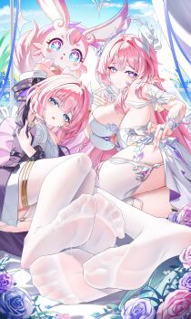 Rule 34 | 2girls, absurdres, blue eyes, breasts, coat, commentary request, cum, cum on body, cum on feet, cyrene (aedes elysiae) (honkai: star rail), cyrene (honkai: star rail), cyrene (ripples of past reverie) (honkai: star rail), diamond-shaped pupils, diamond (shape), dress, dual persona, feet, flower, foot focus, halo, highres, honkai: star rail, honkai (series), jewelry, jndfh, large breasts, long hair, looking at viewer, lying, mem (honkai: star rail), multiple girls, on side, pink hair, pointy ears, purple coat, purple eyes, ring, short hair, sideboob, small breasts, soles, star-shaped pupils, star (symbol), symbol-shaped pupils, thighhighs, toes, very long hair, wedding ring, white dress, white thighhighs