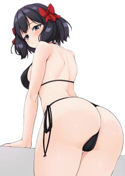 1girl ass back bikini black_bikini black_hair blue_eyes bow breasts commentary_request from_behind hair_bow hinata_masaki large_breasts looking_at_viewer looking_back nageki_no_bourei_wa_intaishitai red_bow short_hair side-tie_bikini_bottom simple_background solo standing swimsuit tino_shade white_background