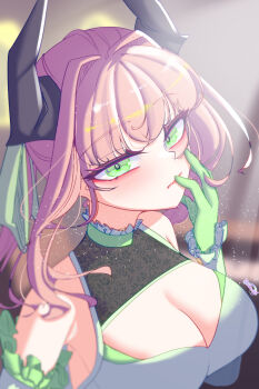 1girl absurdres artist_name bow breasts brown_hair cleavage detached_sleeves doki_doki_literature_club dress gloves green_dress green_eyes green_gloves hair_bow hand_on_own_face highres horns long_hair looking_at_viewer medium_breasts monika_(doki_doki_literature_club) pale_skin signature vioswirl