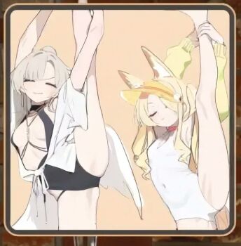 2girls bare_legs blonde_hair blue_archive multiple_girls nagisa_(blue_archive) nagisa_(swimsuit)_(blue_archive) one-piece_swimsuit seia_(blue_archive) seia_(swimsuit)_(blue_archive) split standing standing_on_one_leg standing_split swimsuit third-party_source wings