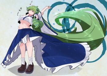 1girl absurdly_long_hair arms_up blue_skirt breasts brown_shoes frog_hair_ornament full_body green_eyes green_hair hair_ornament hair_tubes highres kochiya_sanae light_blush long_hair navel one_eye_closed shirt shoes skirt snake_hair_ornament socks solo standing stretching tooya0130 touhou underboob very_long_hair white_shirt white_socks