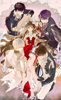 1girl 4boys absurdres bare_legs bare_shoulders belt black_belt black_hair black_jacket black_pants black_shirt black_shoes blue_eyes blunt_bangs blunt_ends bow bowtie braid brooch brown_eyes brown_hair caleb_(love_and_deepspace) center_frills chinese_commentary closed_eyes closed_mouth clothing_cutout collared_shirt cross-laced_clothes cross-laced_dress doily dress epaulettes evening_gown fascinator flower flower_trim frills from_above full_body glass_slipper gold_trim grey_hair hair_between_eyes hand_in_another&#039;s_hair hetero highres holding_another&#039;s_ankle holding_another&#039;s_hair holding_hands jacket jewelry juliet_sleeves kiss kissing_hair kissing_hand lapels long_hair long_sleeves looking_at_another looking_at_viewer love_and_deepspace lying male_harem multiple_belts multiple_boys nail_polish notched_lapels on_back on_one_knee pants parted_bangs parted_lips pink_background profile protagonist_(love_and_deepspace) puffy_long_sleeves puffy_sleeves purple_bow purple_bowtie purple_eyes purple_hair putting_on_another&#039;s_footwear putting_on_footwear rafayel_(love_and_deepspace) red_dress red_nails samo_(shichun_samo) see-through_cleavage see-through_clothes see-through_footwear see-through_sleeves shirt shoes short_hair shoulder_cutout side_braid side_slit single_bare_foot single_shoe swept_bangs tailcoat tassel thigh_strap toenail_polish toenails very_long_hair watermark wavy_hair weibo_watermark white_flower white_jacket white_pants white_shirt xavier_(love_and_deepspace) zayne_(love_and_deepspace)