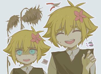 Rule 34 | 1boy, antenna hair, basil (faraway) (omori), basil (omori), blue eyes, closed eyes, collared shirt, commentary, double-parted bangs, flower, gardening shears, green sweater vest, grey background, hair between eyes, hair flower, hair ornament, hashtag-only commentary, male focus, nervous smile, nervous sweating, omori, open mouth, outline, shirt, short hair, short sleeves, sidelocks, simple background, smile, solo, sunflower, sweat, sweatdrop, sweater vest, teeth, upper teeth only, watermimic (omori), white outline, white shirt, yama (toaru puyopuyo)