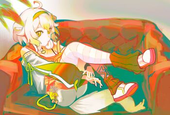 1girl absurdres ahoge animal_ears couch eyeliner ferret_ears ferret_girl ferret_tail green_eyeliner green_eyes green_hair green_tail hairband highres indie_virtual_youtuber laimu_(vtuber) leg_warmers makeup overalls pink_overalls short_hair shorts suspender_shorts suspenders thighhighs virtual_youtuber white_tail xwxdraws