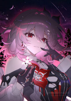 1girl absurdres black_dress black_gloves breasts clothing_cutout commission dress evernight_(honkai:_star_rail) flower flower_ornament gloves hair_flower hair_ornament highres honkai:_star_rail honkai_(series) looking_at_viewer march_7th_(honkai:_star_rail) medium_breasts night night_sky parted_lips pink_hair red_eyes shirt shoulder_cutout sky snowflakes solo tree upper_body white_shirt ying_haram