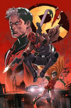 absurdres bat_signal batman batman_(series) batman_symbol batmobile black_bodysuit black_gloves black_hair blue_eyes bodysuit brown_jacket cape cowl dc_comics domino_mask dual_wielding eye_mask gloves grey_bodysuit gun highres holding holding_gun holding_weapon jacket jason_todd lucas_meyer male_focus mask multicolored_bodysuit multicolored_hair multiple_boys multiple_persona muscular muscular_male open_clothes pants red_hood_(2018_costume) red_hood_(dc) red_hood_and_the_outlaws red_mask robin_(dc) shirt short_hair superhero_costume taut_bodysuit two-tone_bodysuit two-tone_hair weapon western_comics_(style) yellow_cape