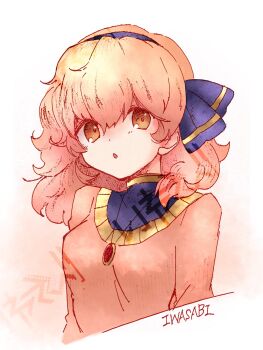 1girl artist_name bow breasts commentary_request dress fire_emblem fire_emblem_echoes:_shadows_of_valentia fluffy_hair gem genny_(fire_emblem) gradient_background hair_between_eyes hairband highres jewelry looking_at_viewer medium_breasts medium_hair necklace nintendo pink_background pink_dress pink_hair purple_bow purple_hairband red_gemstone solo studio_sugimoto upper_body white_background yellow_eyes