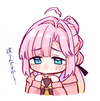 Rule 34 | 1girl, ahoge, anyoji hime, black ribbon, blonde hair, blue eyes, brown dress, cropped torso, detached ahoge, dress, gradient hair, hair ribbon, hasu no sora school uniform, hood, hooded jacket, index fingers together, jacket, link! like! love live!, long hair, long sleeves, love live!, multi-tied hair, multicolored hair, neckerchief, open clothes, open jacket, pink hair, pink jacket, ponytail, raised inner eyebrows, ribbon, sailor collar, sailor dress, school uniform, simple background, solo, tearing up, translation request, upper body, virtual youtuber, white background, white sailor collar, winter uniform, yellow neckerchief, yurie mouth, zangemiya