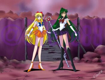 aino_minako bishoujo_senshi_sailor_moon blonde_hair blue_eyes boots bow bridge earrings gloves green_hair high_heel high_heel_boots high_heel_shoes high_heel_boots high_heels jewelry long_hair magical_girl meiou_setsuna miniskirt red_bow sailor_pluto sailor_venus short_sleeves sirene88 skirt super_sailor_pluto super_sailor_venus very_long_hair