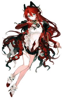 1girl blue_eyes braid breasts dress full_body hair_between_eyes highres horns kamu_(poulro) long_hair looking_at_viewer non-web_source original red_hair simple_background solo transparent_background very_long_hair white_background