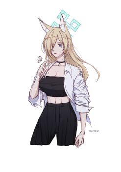 1girl absurdres animal_ears blonde_hair blue_archive blue_eyes blue_halo collared_shirt commentary_request dog_ears dog_girl extra_ears hair_over_one_eye halo highres kanna_(blue_archive) korean_commentary long_hair long_sleeves pants selenium_(reg_no_06089) shirt solo white_shirt wing_collar